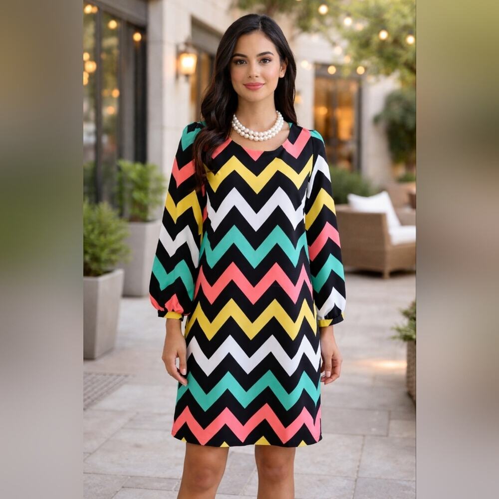 Almost Famous Multicolor Chevron Shift Dress Sz. M #1001